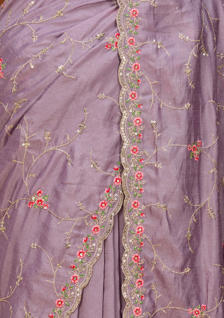 Lavender Soft Raw Silk Threadwork Saree With Matching Blouse Piece