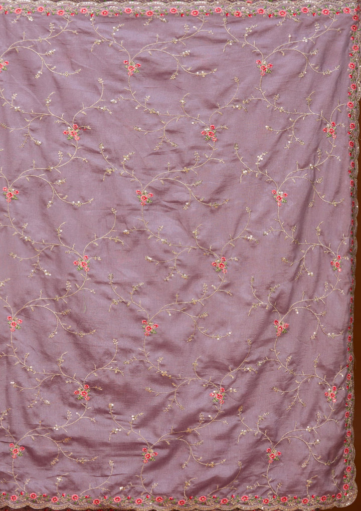 Lavender Soft Raw Silk Threadwork Saree With Matching Blouse Piece