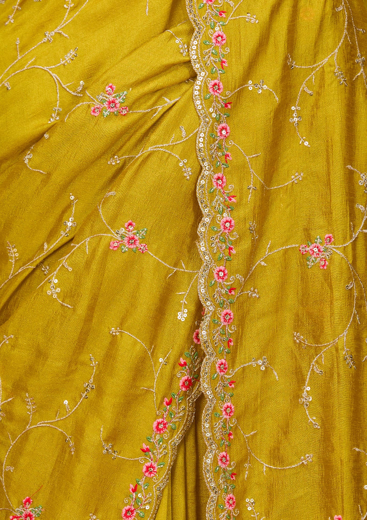 Mustard Yellow Soft Raw Silk Threadwork Saree With Matching Blouse Piece