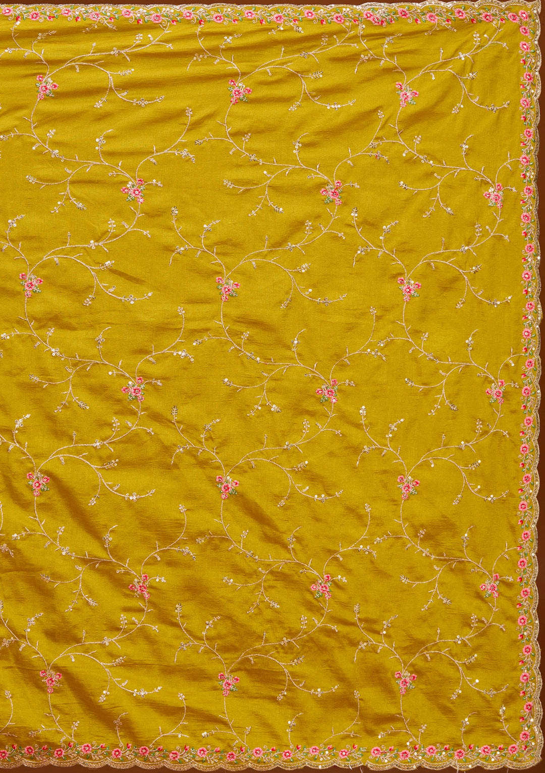 Mustard Yellow Soft Raw Silk Threadwork Saree With Matching Blouse Piece