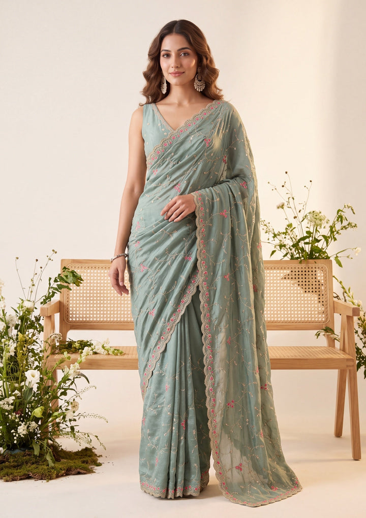 Sea Green Soft Raw Silk Threadwork Saree With Matching Blouse Piece
