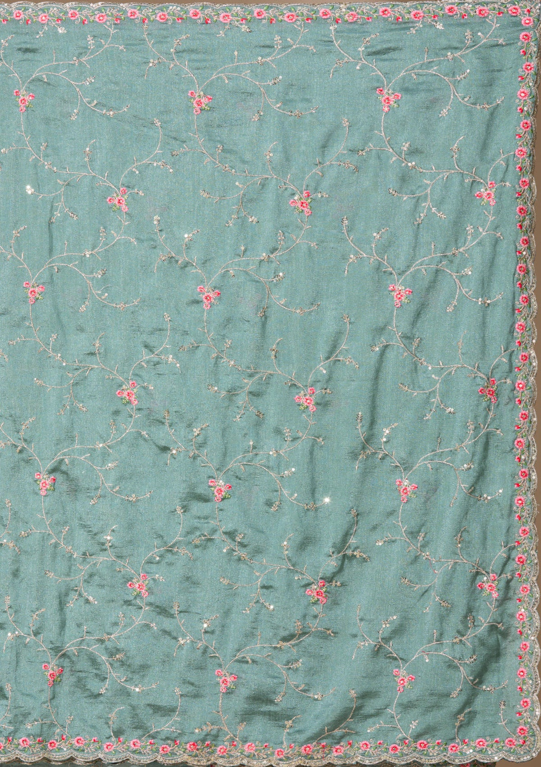 Sea Green Soft Raw Silk Threadwork Saree With Matching Blouse Piece