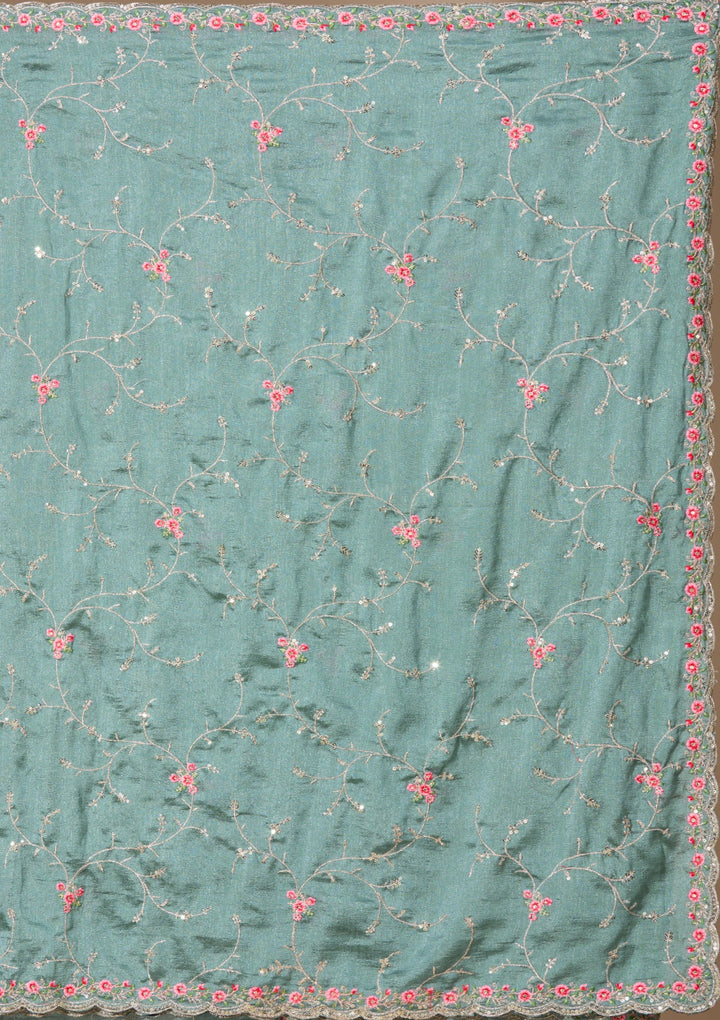Sea Green Soft Raw Silk Threadwork Saree With Matching Blouse Piece