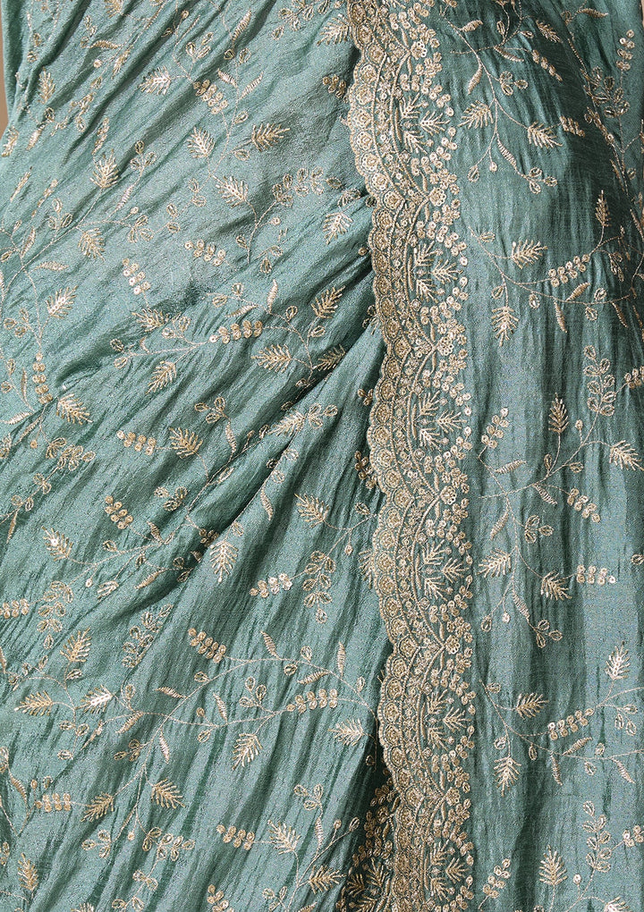 Sea Green Soft Raw Silk Sequins Saree With Matching Blouse Piece