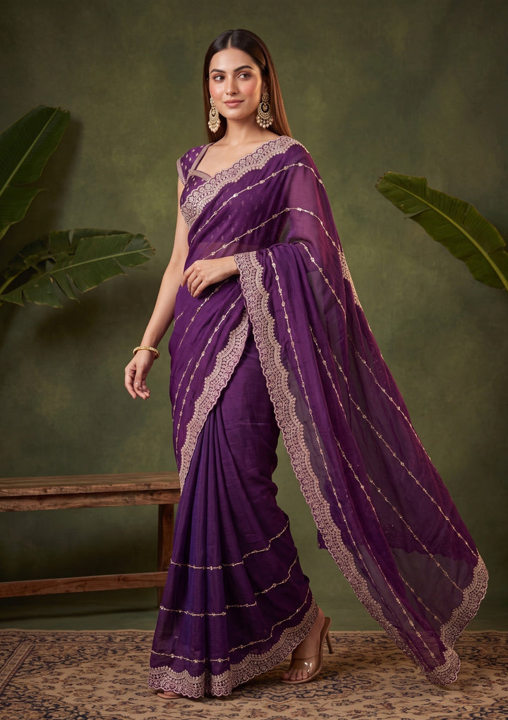 Purple Zariwork (Gold) Tissue Saree With Matching Blouse Piece