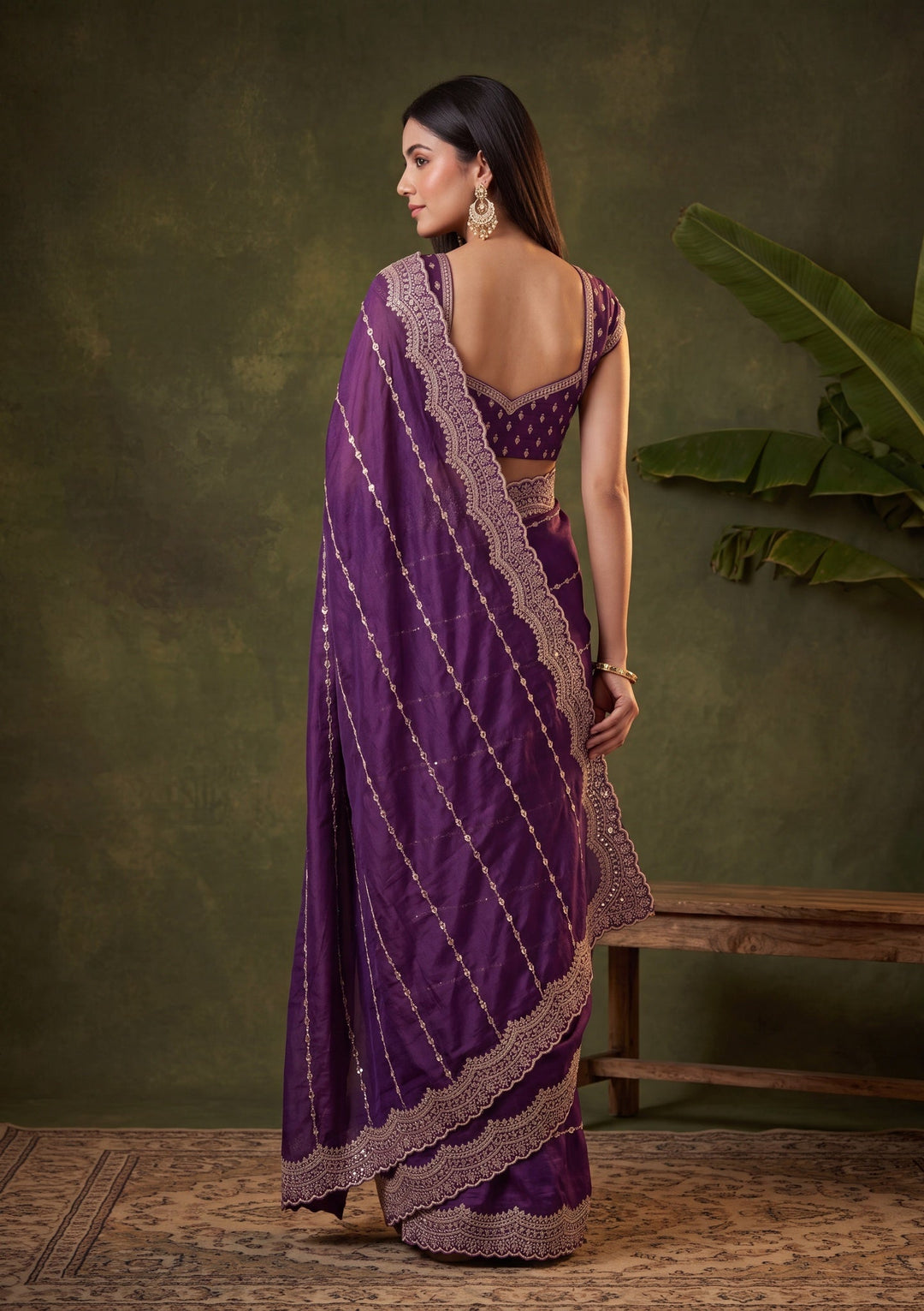 Purple Zariwork (Gold) Tissue Saree With Matching Blouse Piece
