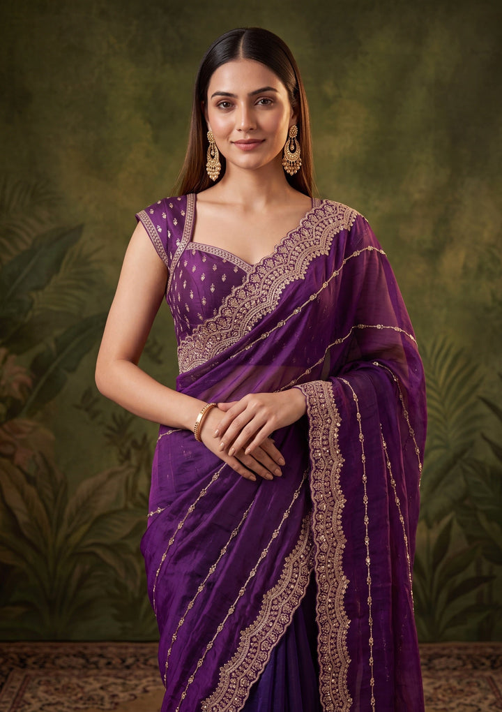 Purple Zariwork (Gold) Tissue Saree With Matching Blouse Piece