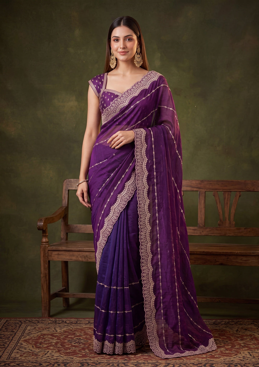 Purple Zariwork (Gold) Tissue Saree With Matching Blouse Piece