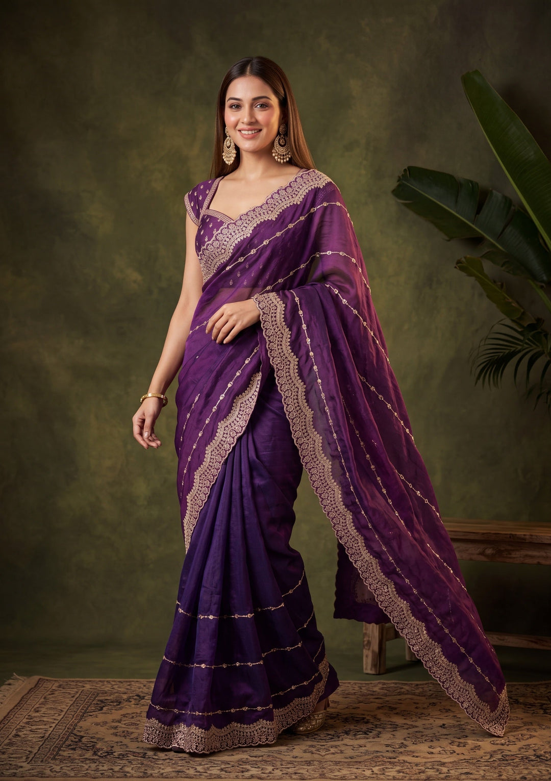 Purple Zariwork (Gold) Tissue Saree With Matching Blouse Piece