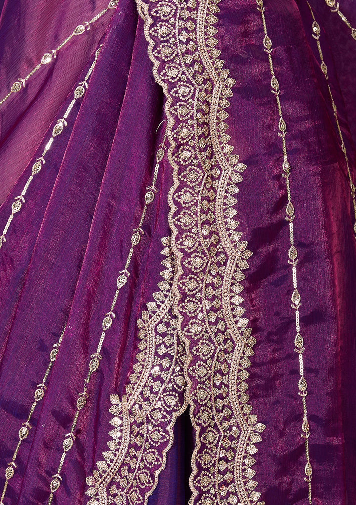 Purple Zariwork (Gold) Tissue Saree With Matching Blouse Piece