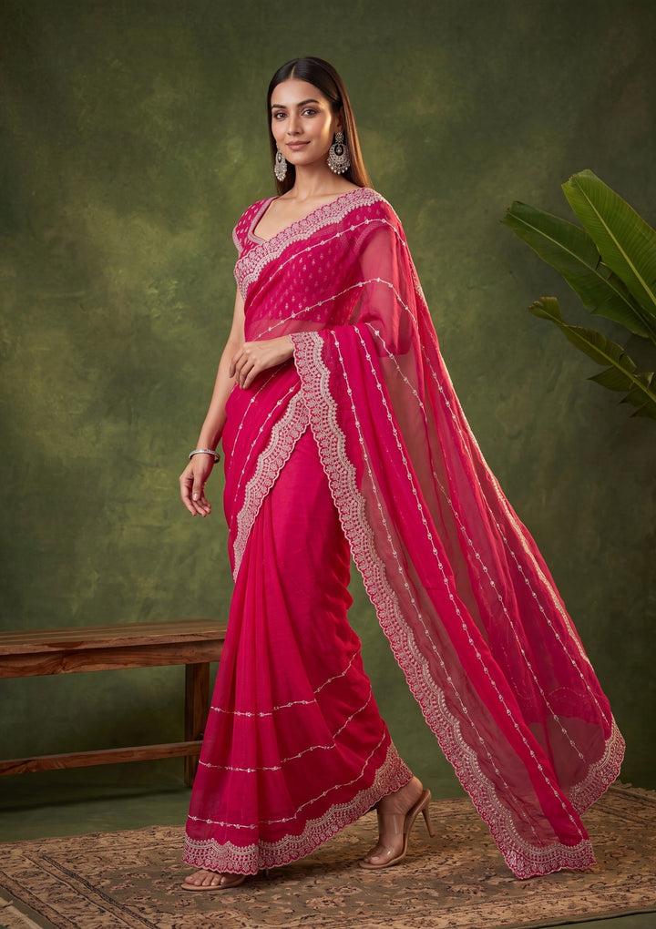 Rani Pink Zariwork (Gold) Tissue Saree With Matching Blouse Piece