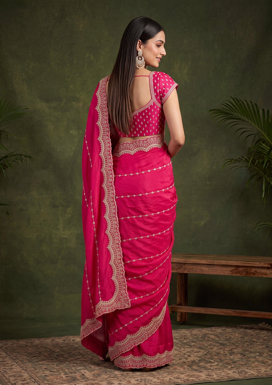 Rani Pink Zariwork (Gold) Tissue Saree With Matching Blouse Piece