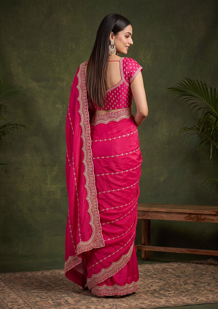 Rani Pink Zariwork (Gold) Tissue Saree With Matching Blouse Piece