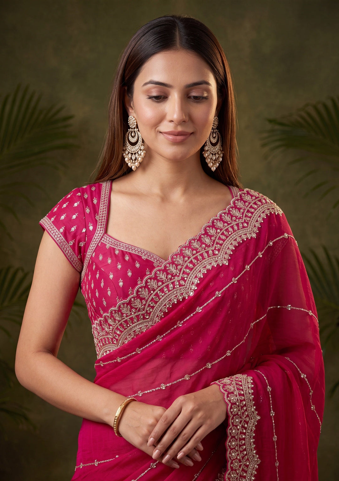 Rani Pink Zariwork (Gold) Tissue Saree With Matching Blouse Piece