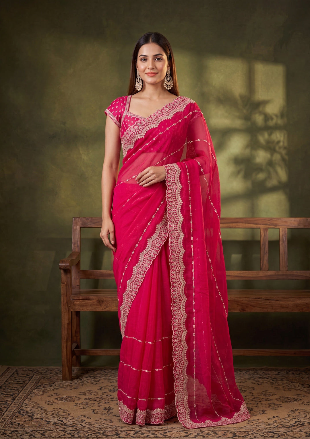 Rani Pink Zariwork (Gold) Tissue Saree With Matching Blouse Piece