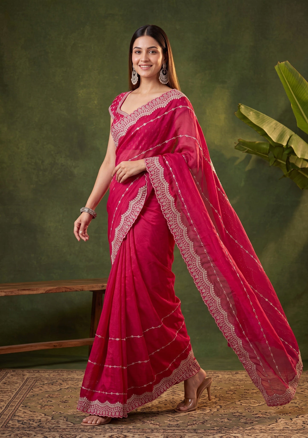 Rani Pink Zariwork (Gold) Tissue Saree With Matching Blouse Piece
