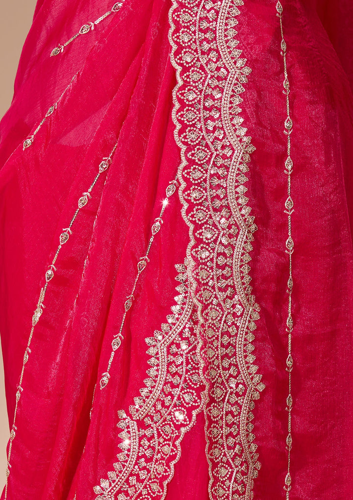 Rani Pink Zariwork (Gold) Tissue Saree With Matching Blouse Piece
