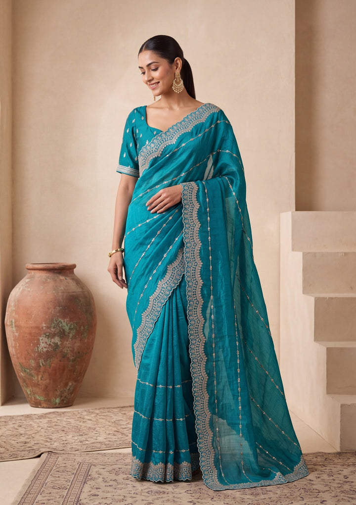 Turquoise Blue Tissue Gold Zariwork Saree With Matching Blouse Piece