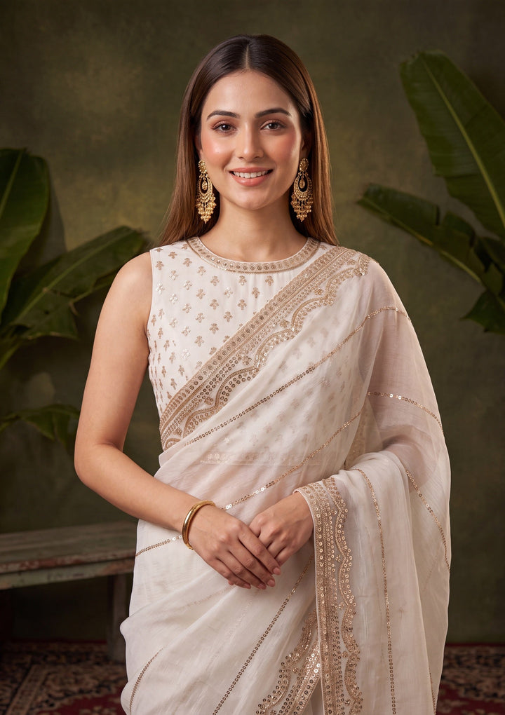 Off White Tissue Gold Zariwork Saree With Matching Blouse Piece