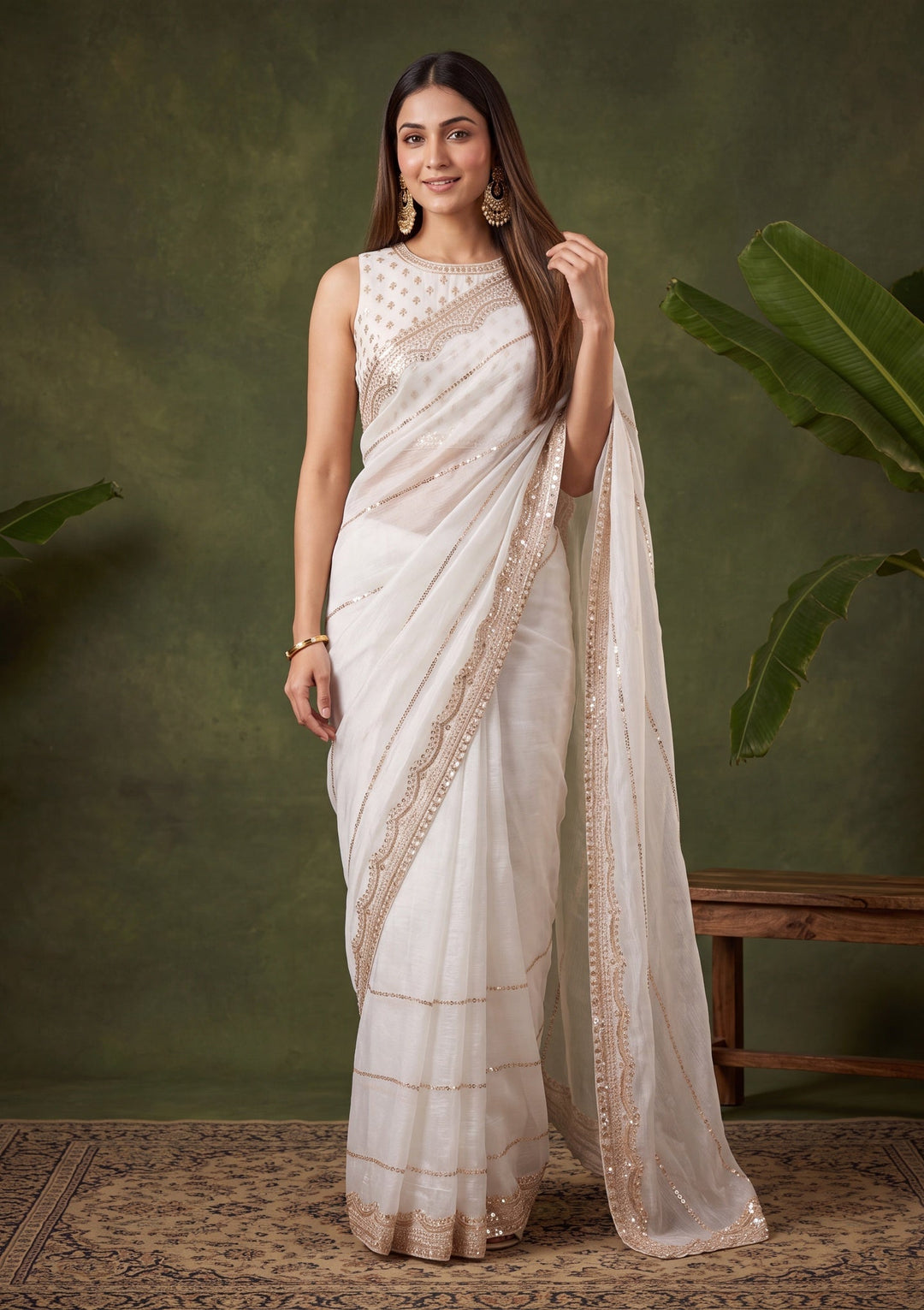 Off White Tissue Gold Zariwork Saree With Matching Blouse Piece