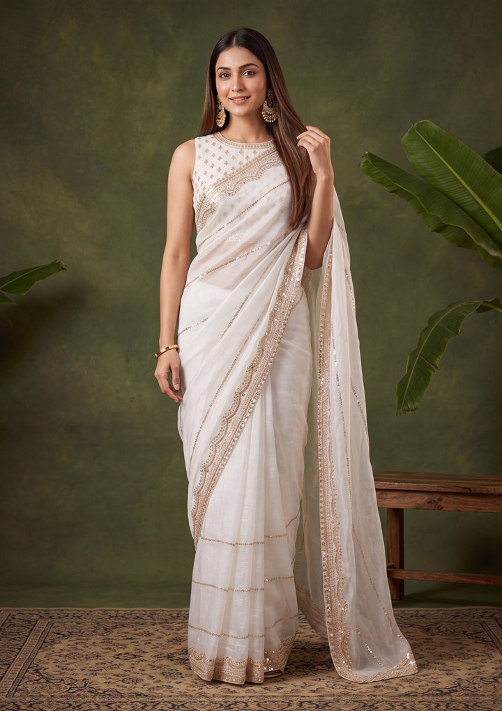 Off White Tissue Gold Zariwork Saree With Matching Blouse Piece