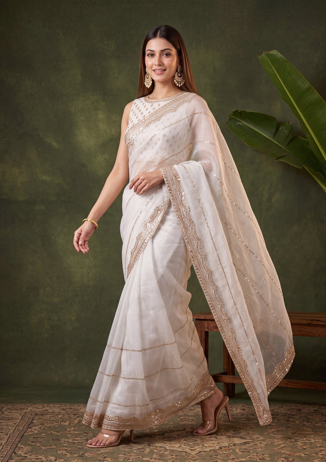 Off White Tissue Gold Zariwork Saree With Matching Blouse Piece