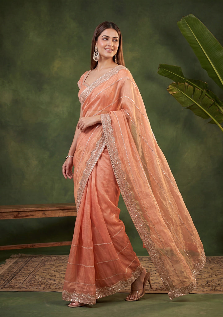 Peach Zariwork (Gold) Tissue Saree With Matching Blouse Piece