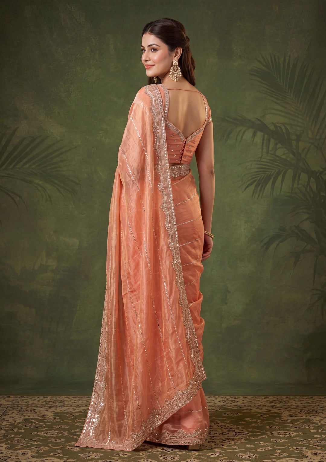 Peach Zariwork (Gold) Tissue Saree With Matching Blouse Piece