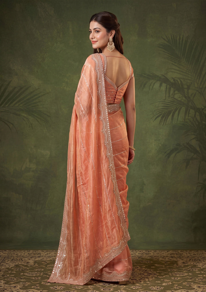 Peach Zariwork (Gold) Tissue Saree With Matching Blouse Piece