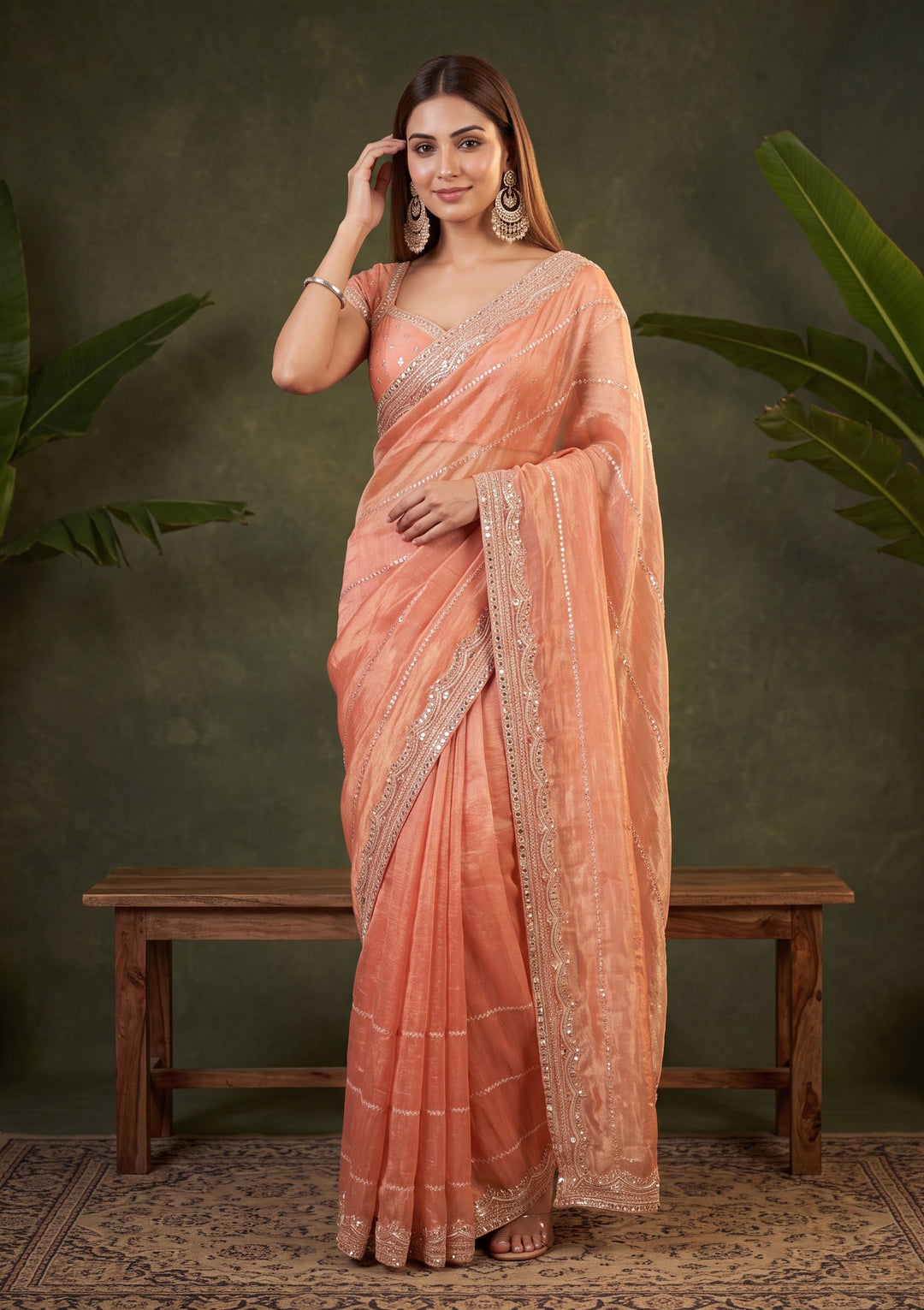 Peach Zariwork (Gold) Tissue Saree With Matching Blouse Piece