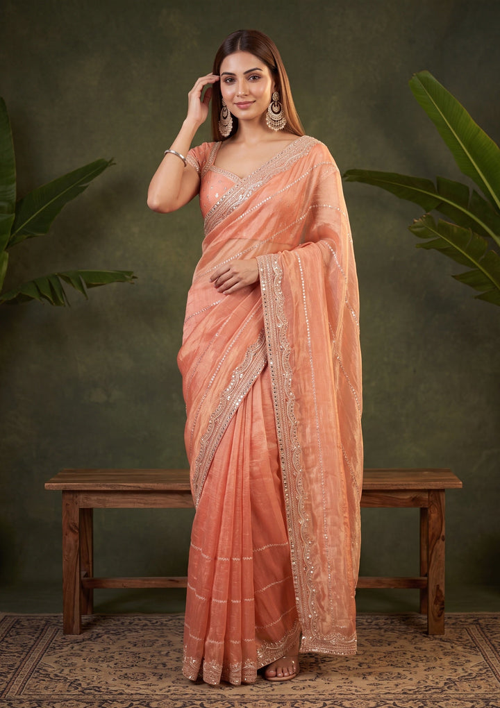 Peach Zariwork (Gold) Tissue Saree With Matching Blouse Piece