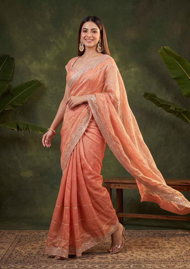 Peach Zariwork (Gold) Tissue Saree With Matching Blouse Piece