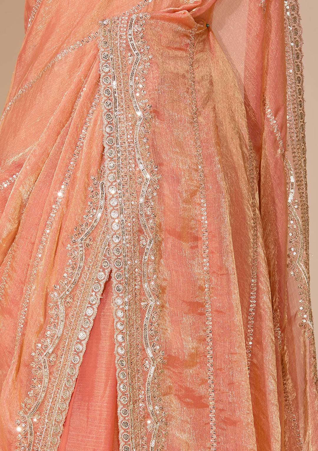 Peach Zariwork (Gold) Tissue Saree With Matching Blouse Piece