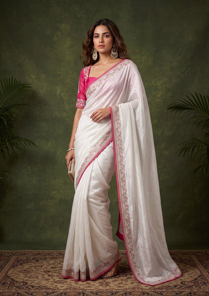 Off White Threadwork Tissue Saree With Matching Blouse Piece