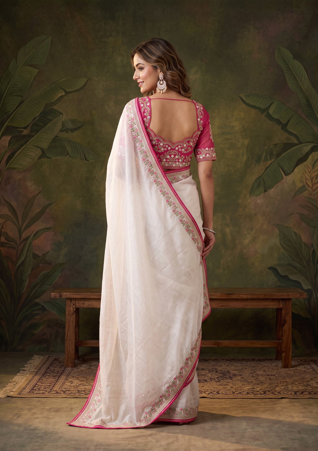 Off White Threadwork Tissue Saree With Matching Blouse Piece