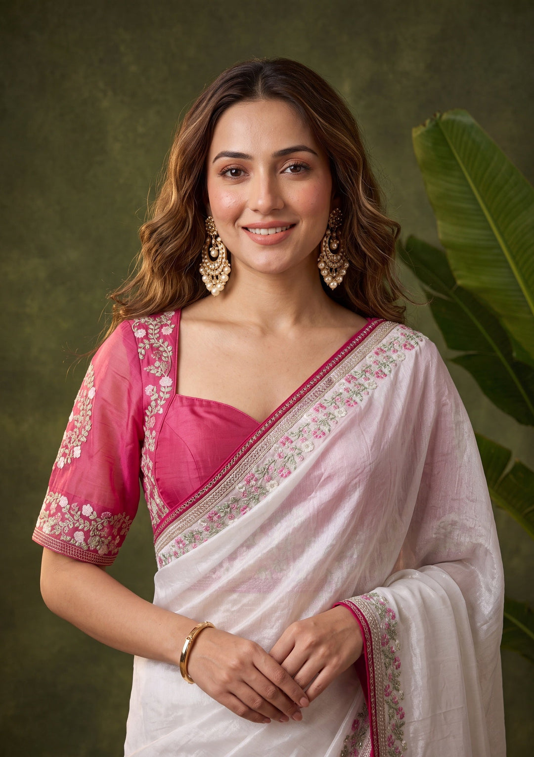 Off White Threadwork Tissue Saree With Matching Blouse Piece