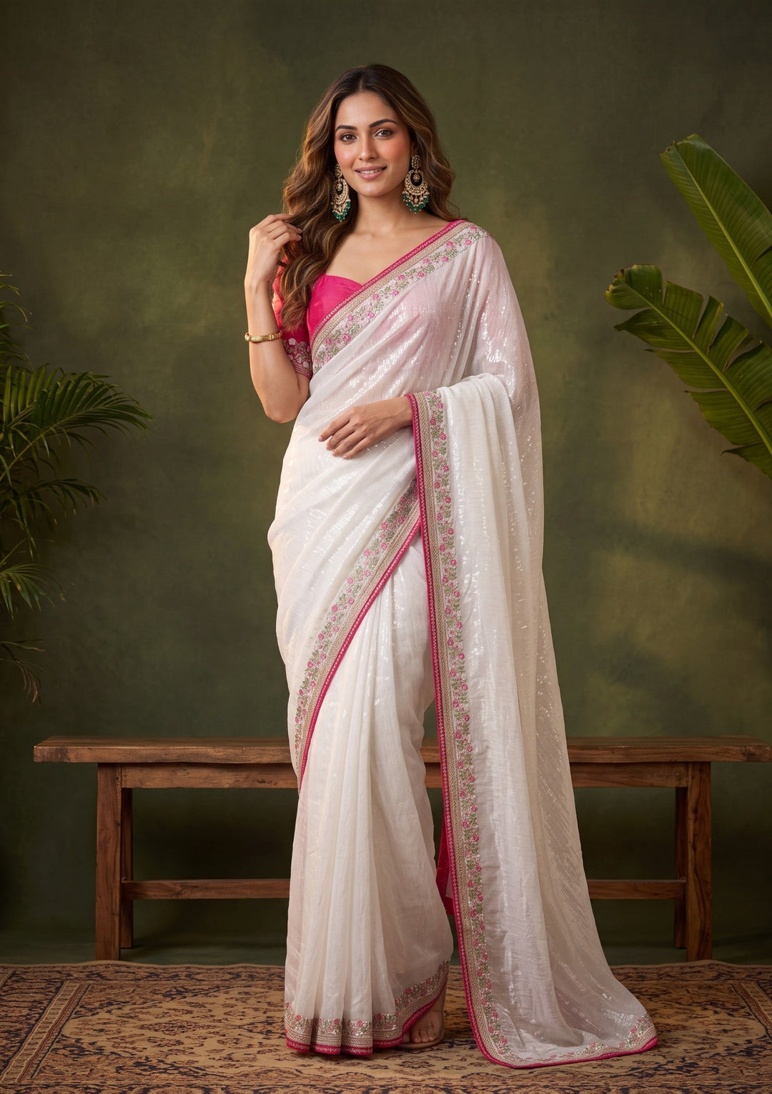 Off White Threadwork Tissue Saree With Matching Blouse Piece
