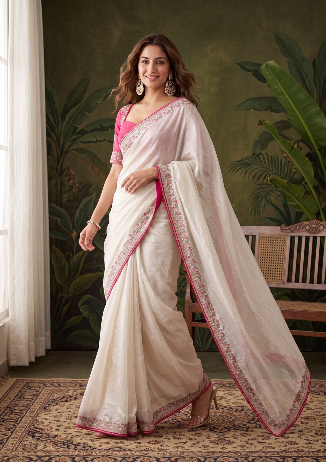 Off White Threadwork Tissue Saree With Matching Blouse Piece