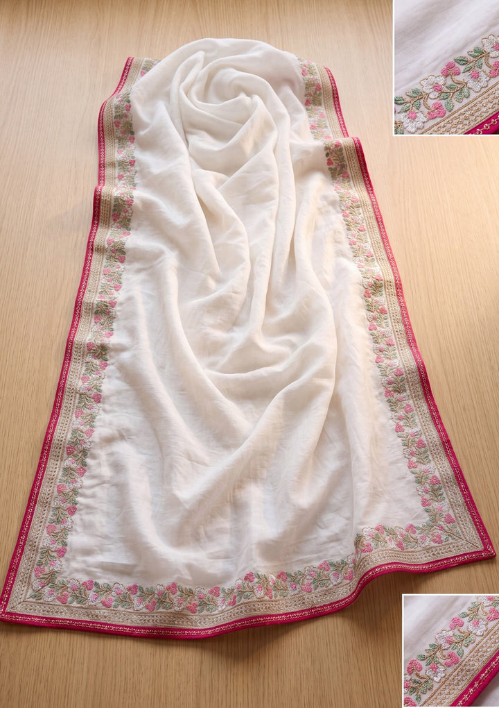 Off White Threadwork Tissue Saree With Matching Blouse Piece