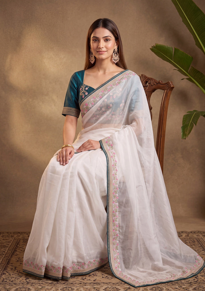 Off White Threadwork Tissue Saree With Matching Blouse Piece