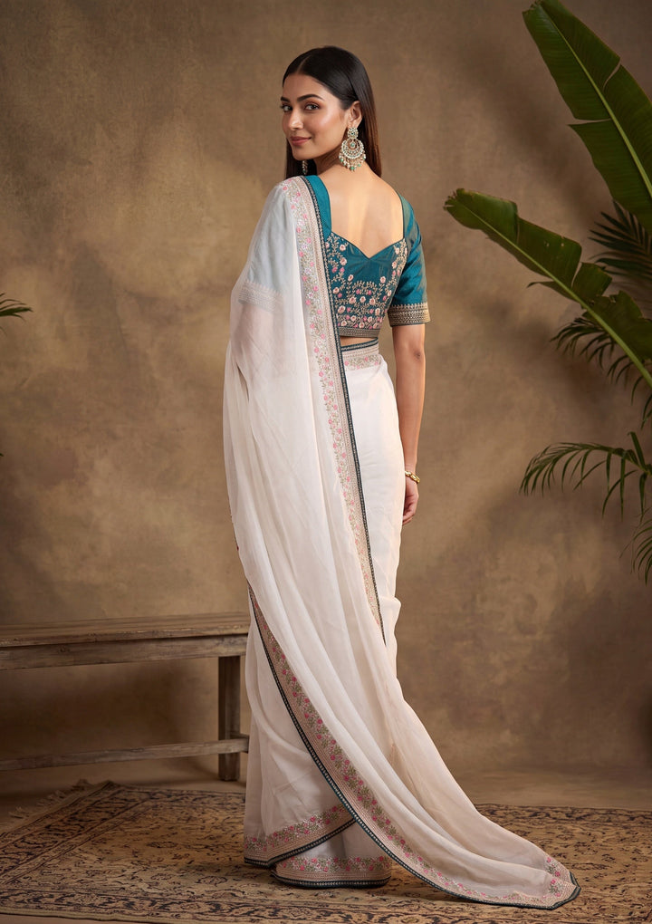 Off White Threadwork Tissue Saree With Matching Blouse Piece