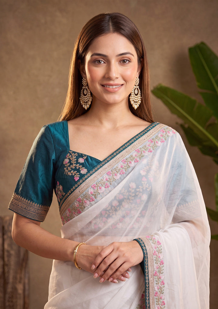 Off White Threadwork Tissue Saree With Matching Blouse Piece