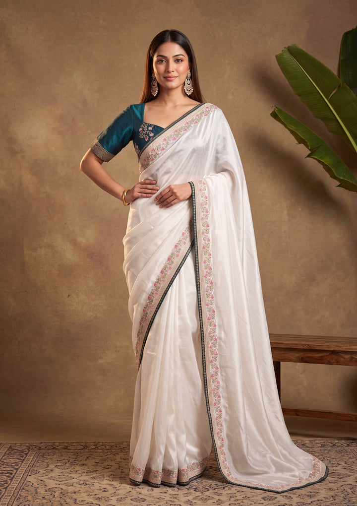 Off White Threadwork Tissue Saree With Matching Blouse Piece