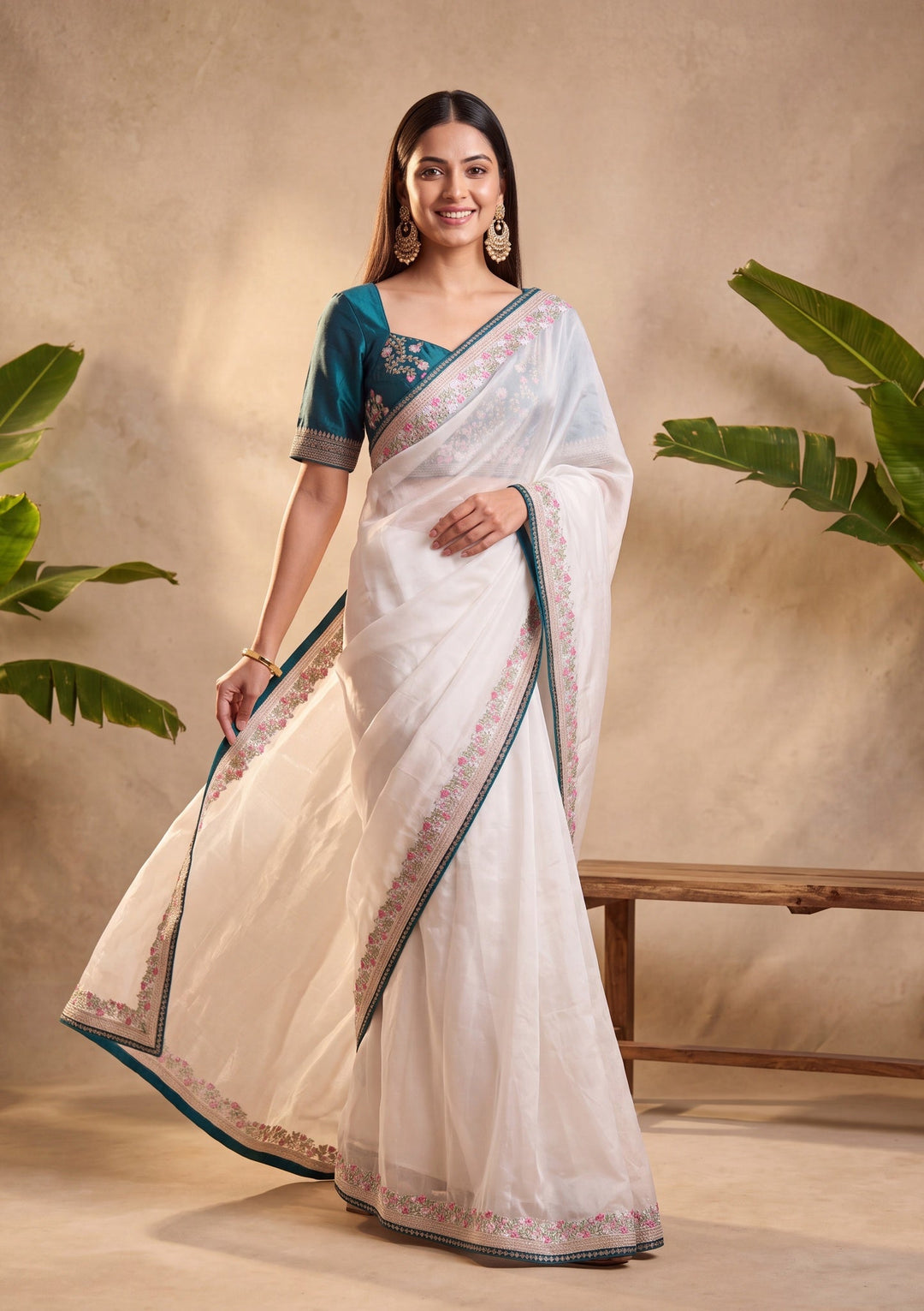 Off White Threadwork Tissue Saree With Matching Blouse Piece