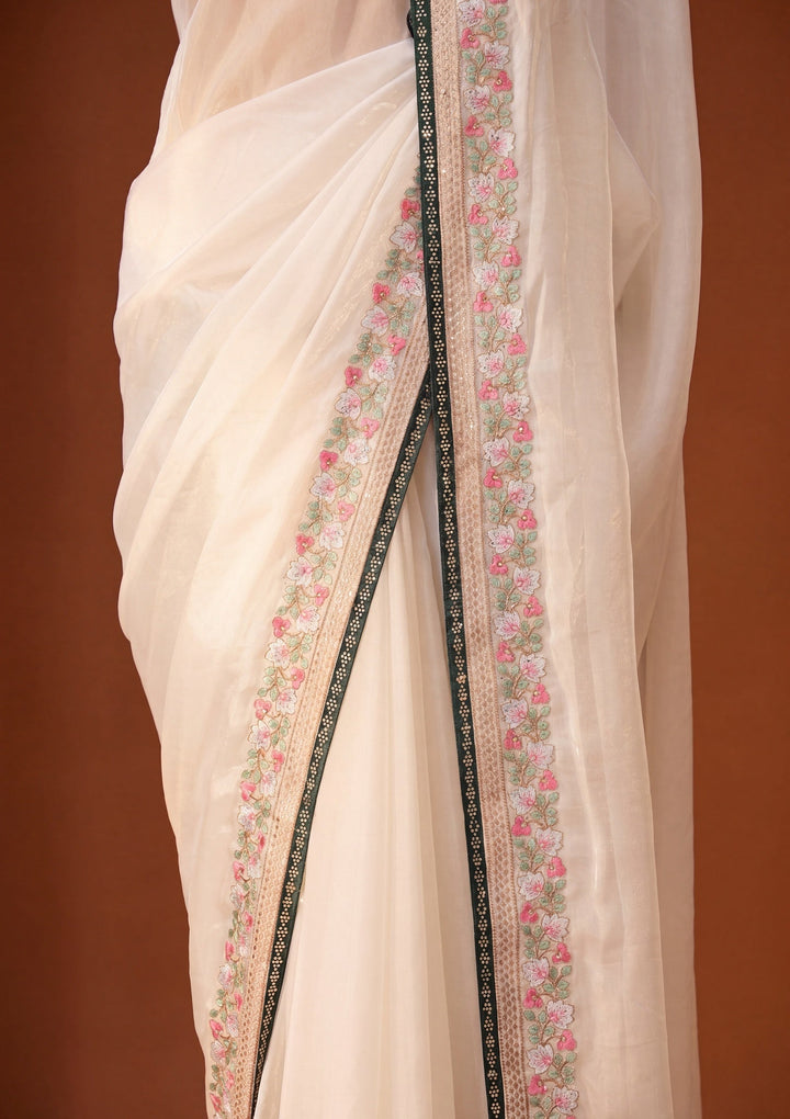 Off White Threadwork Tissue Saree With Matching Blouse Piece