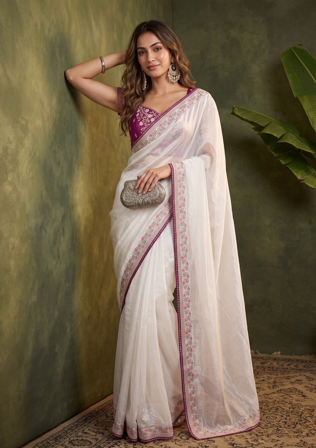 Off White Threadwork Tissue Saree With Matching Blouse Piece