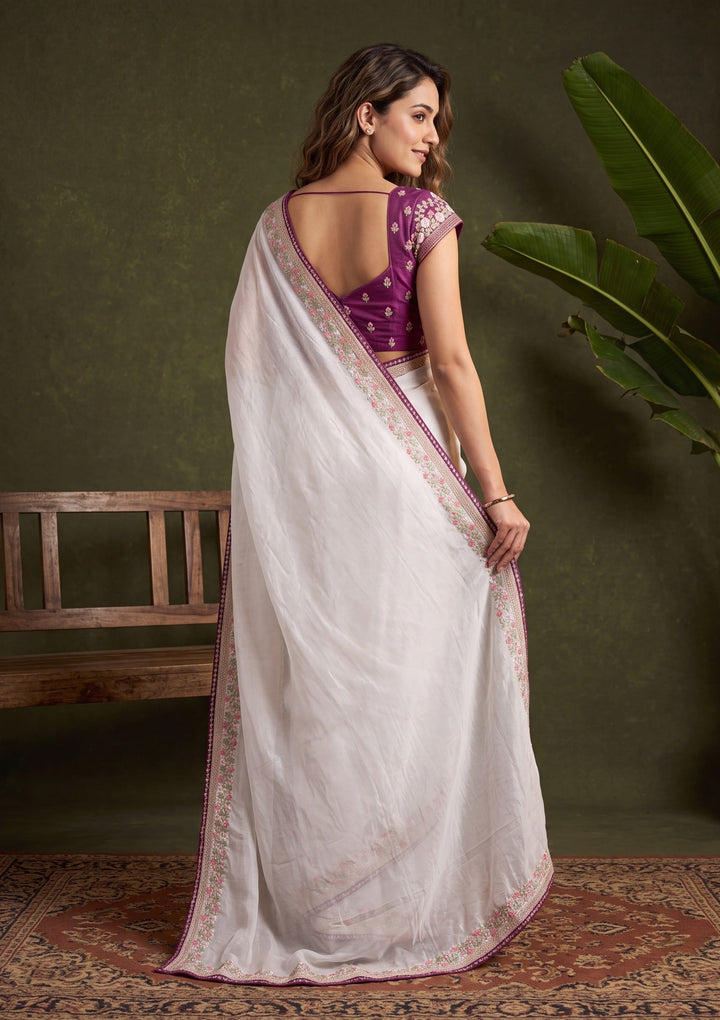 Off White Threadwork Tissue Saree With Matching Blouse Piece