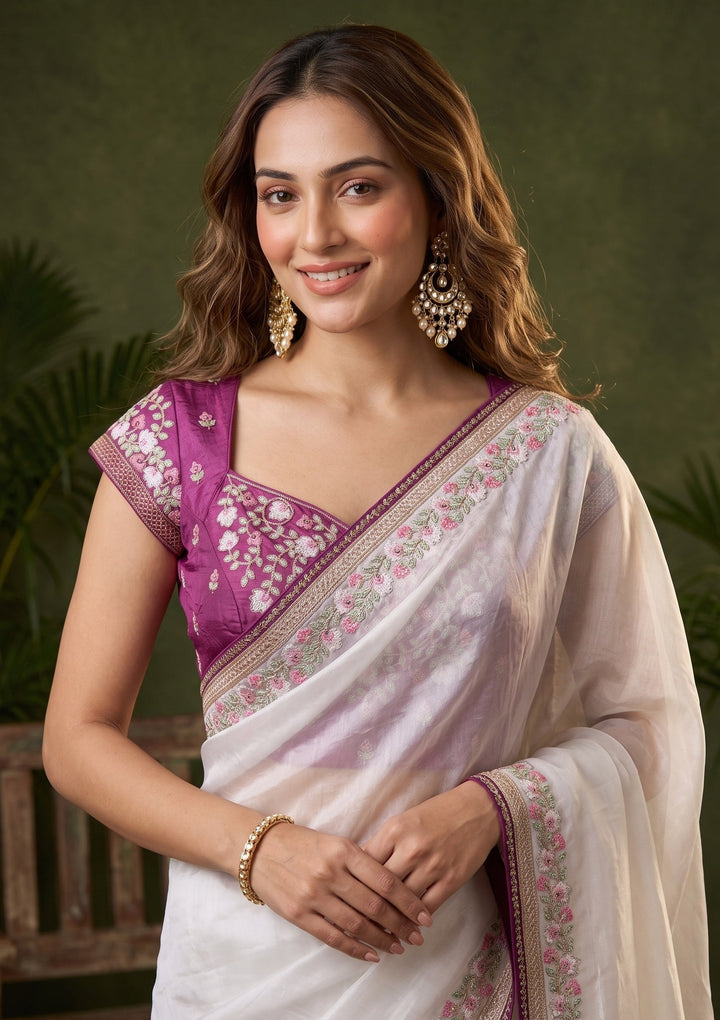 Off White Threadwork Tissue Saree With Matching Blouse Piece