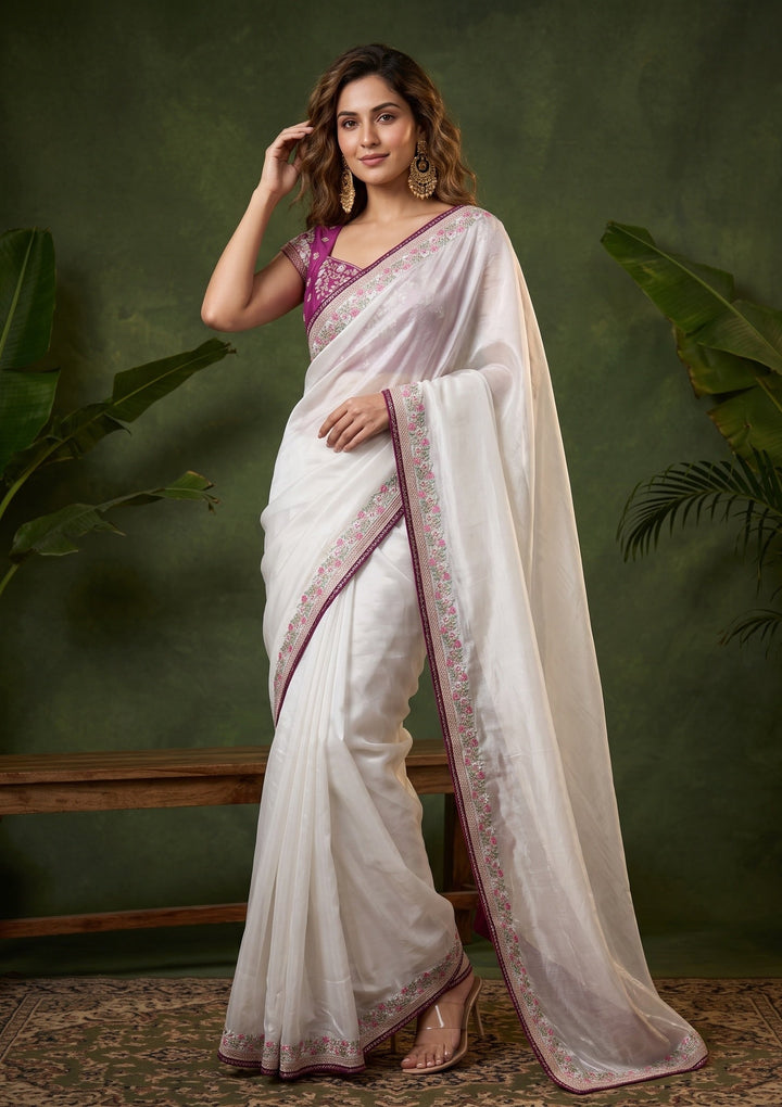 Off White Threadwork Tissue Saree With Matching Blouse Piece