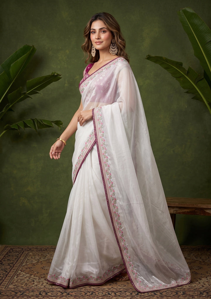 Off White Threadwork Tissue Saree With Matching Blouse Piece